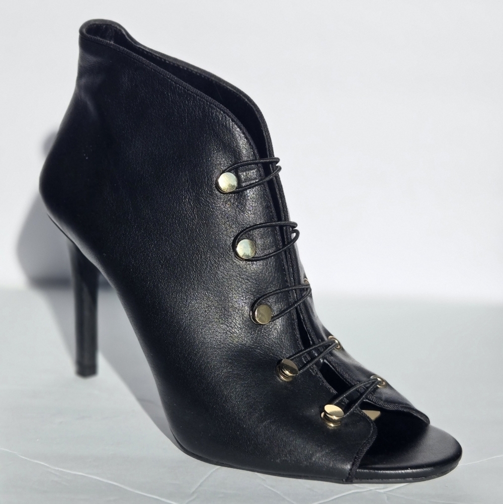 Enzo Angiolini Black Heeled Boots with Gold Accents. Size 8 - 38